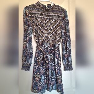 Bohemian Long Sleeve Maxi Dress with Self-Tie Waist - Blue/Pink